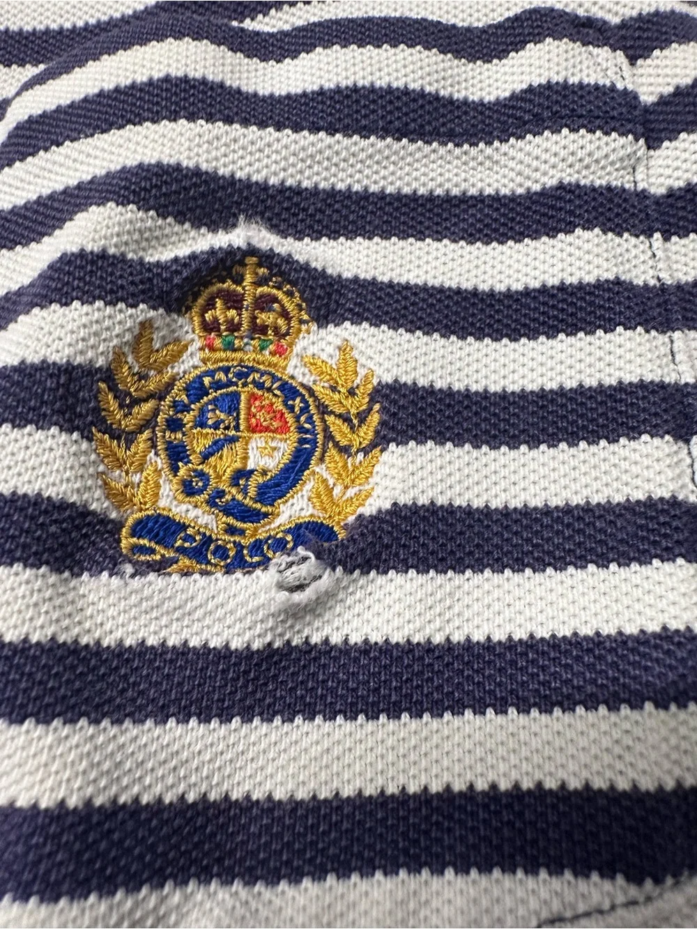 Ralph Lauren Navy and White Striped Polo with Gold Pony Emblem